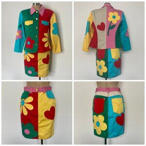 Skirt & blazer suit Moschino Jeans, early 90s heart flower hippie